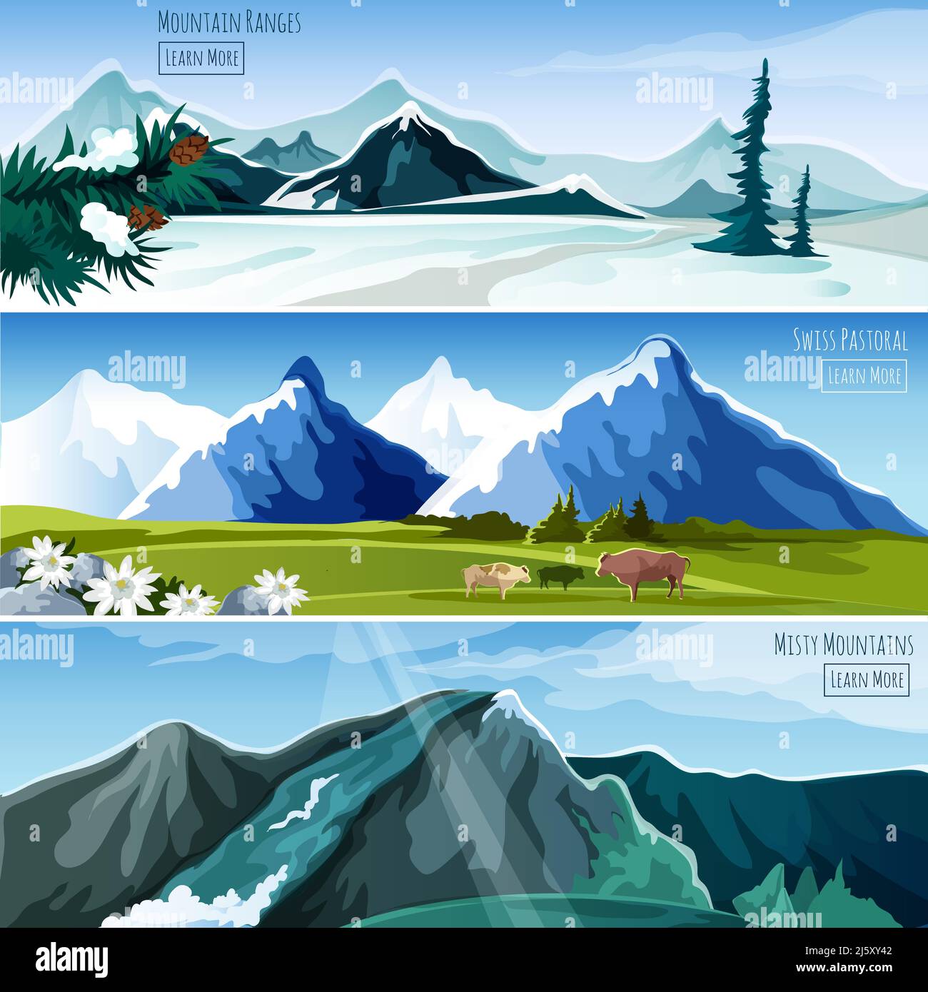 Paesaggi di montagna banner orizzontale con elementi pastorali nebbie natura illustrazione vettoriale isolata Illustrazione Vettoriale