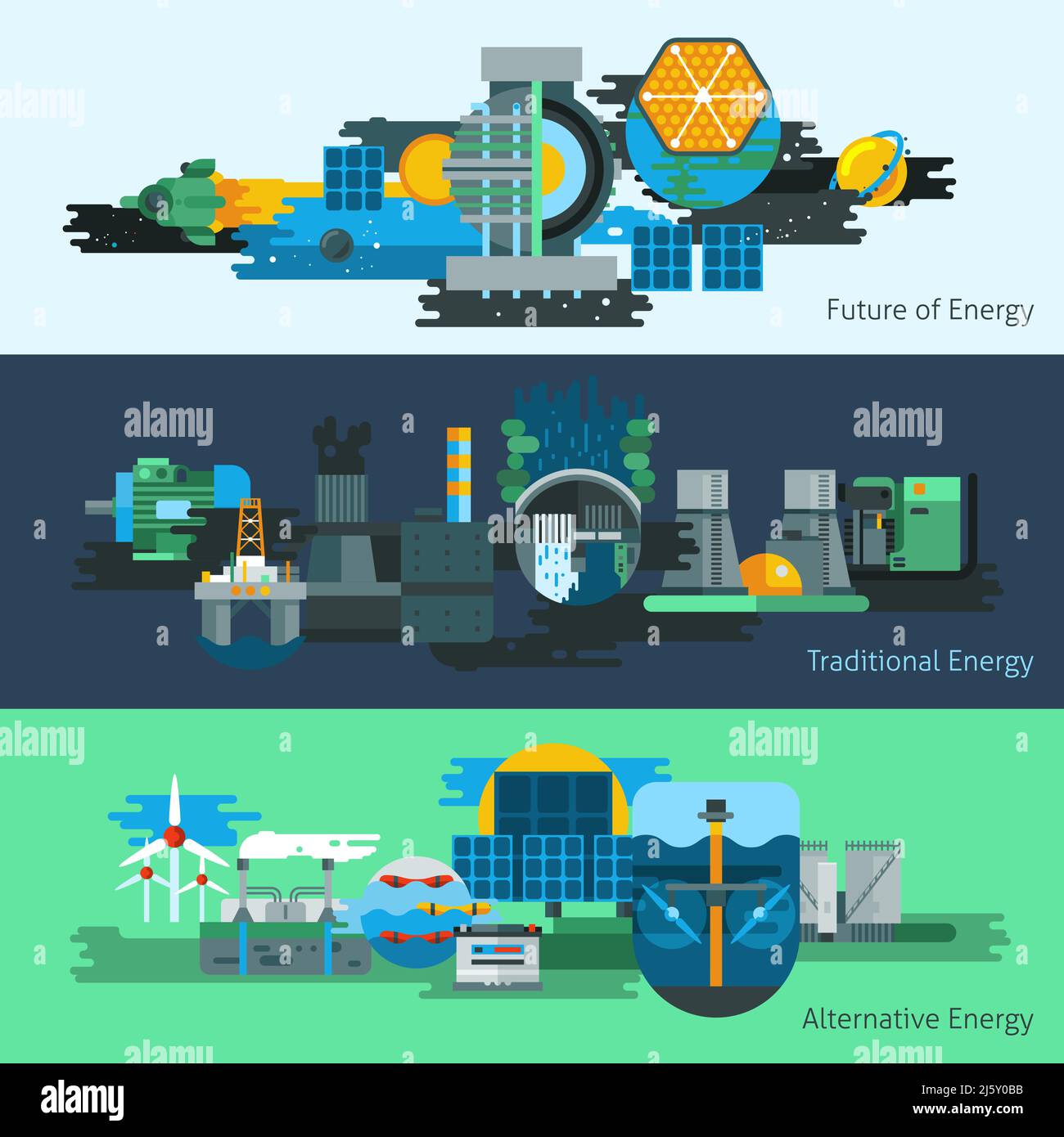 Serie di striscioni orizzontali per la produzione di energia con potenza tradizionale e alternativa illustrazione vettoriale isolata delle sorgenti Illustrazione Vettoriale