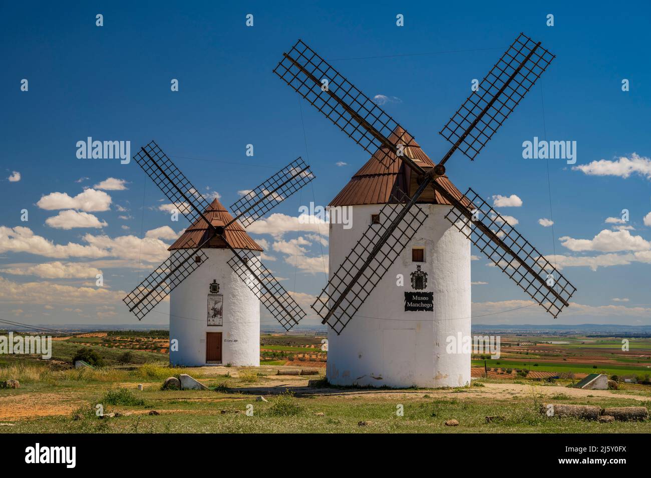 Mulini a vento tipici, Mota del Cuervo, Castilla-la Mancha, Spagna Foto Stock