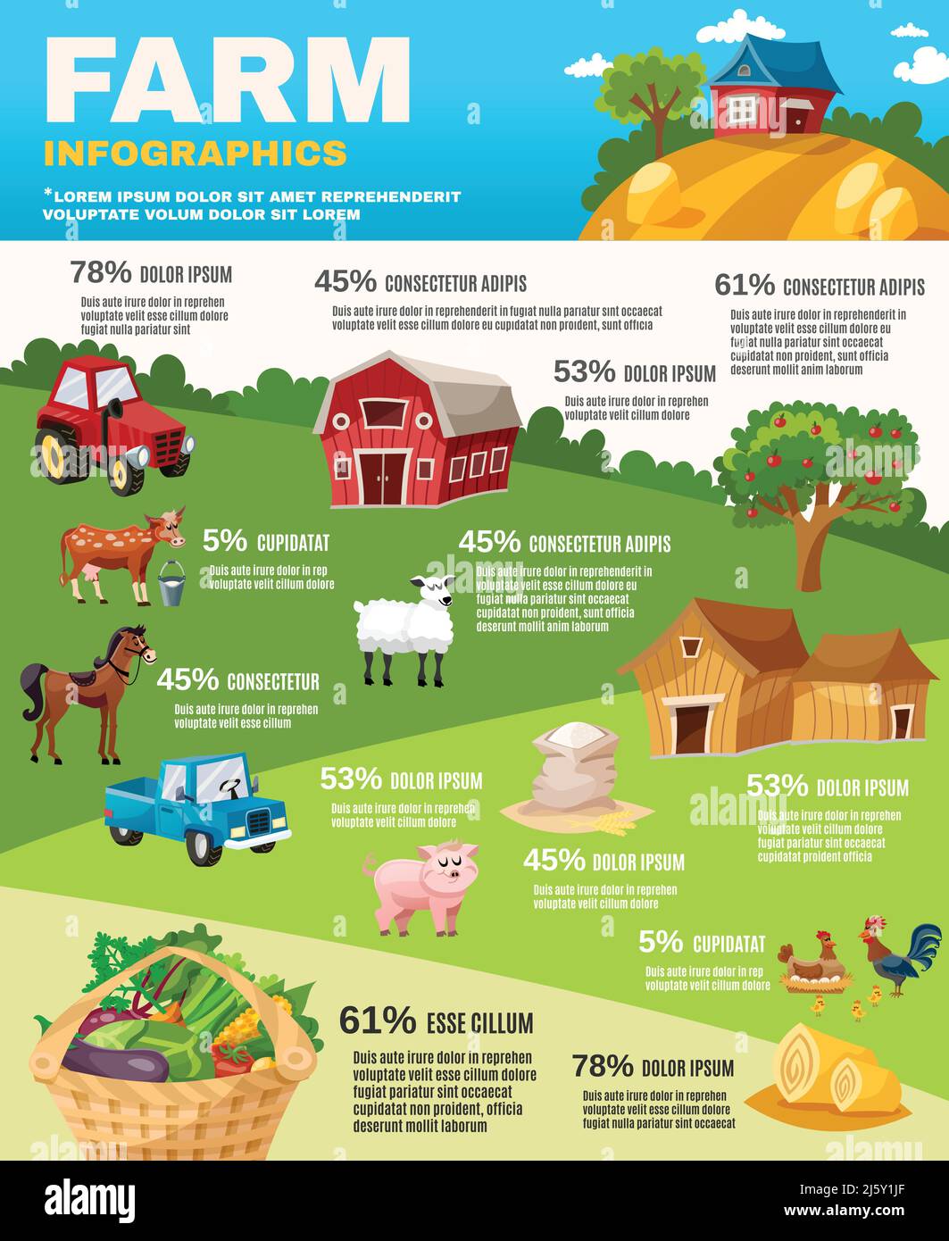 Infografiche di fattoria con campo retrò e cartoni animati da giardino elementi illustrazione vettoriale Illustrazione Vettoriale