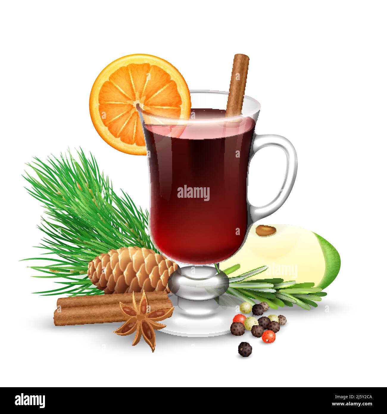 VIN brulé rosso per l'inverno e Natale con fetta d'arancia cannella bastoni anice e ramo di pino illustrazione vettoriale Illustrazione Vettoriale