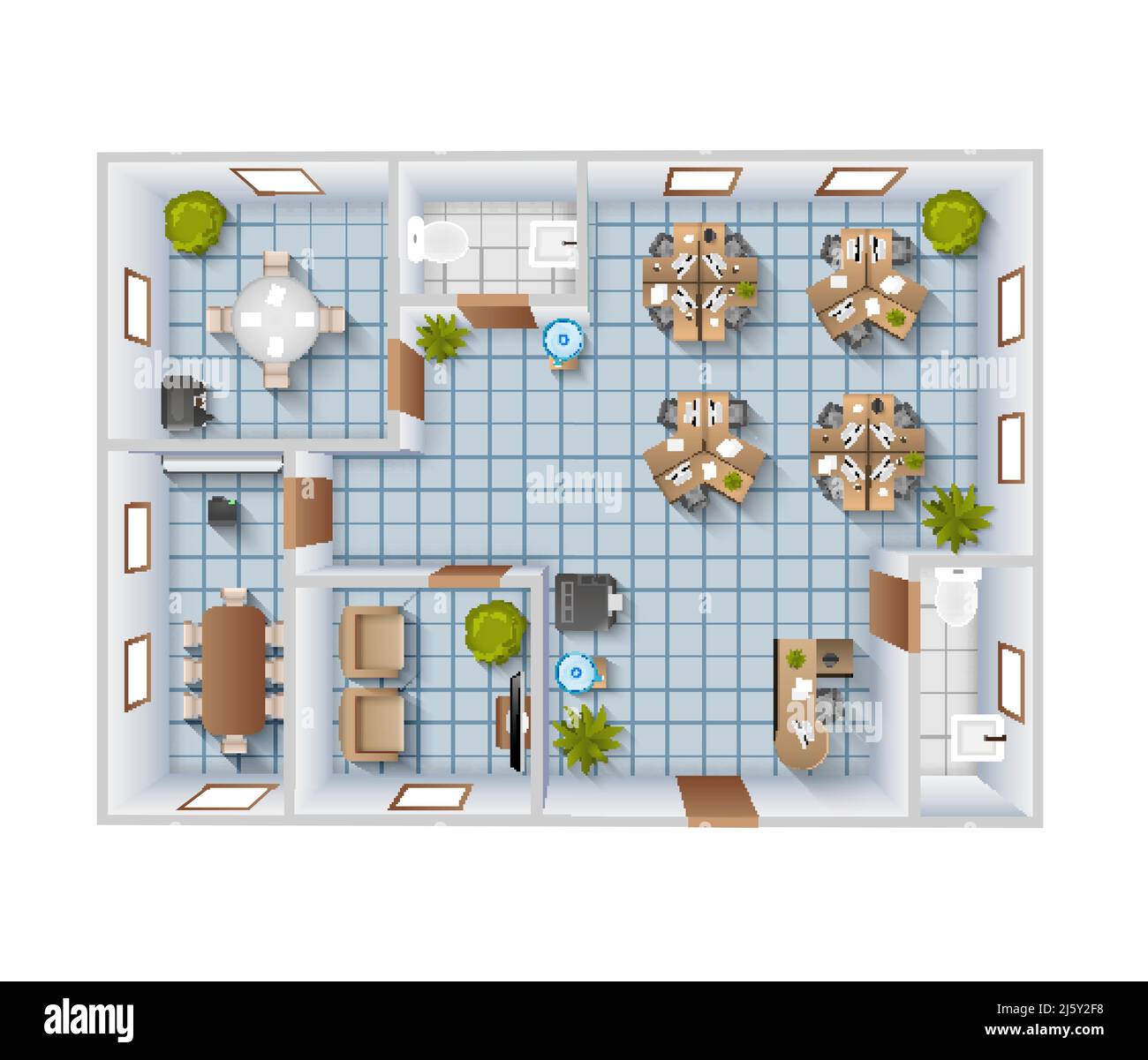 Modello di progetto per la vista dall'alto degli interni dell'ufficio con sala conferenze e. illustrazione vettoriale del bagno Illustrazione Vettoriale