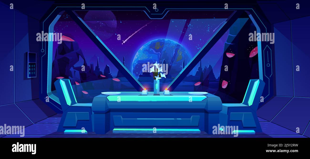 Caffetteria futuristica con vista delle astronave sulla Terra di notte dal pianeta alieno. Tavolo servito e sedie stand presso la navetta con paesaggio fantasia, neon Illustrazione Vettoriale