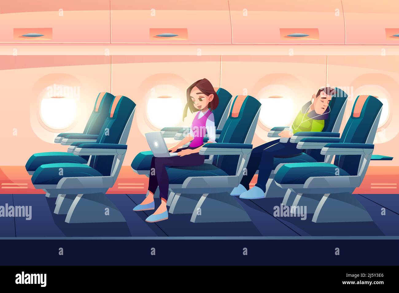 Uomo dormire in aereo, ragazza freelancer lavoro su computer portatile in salone aereo, passeggeri in vacanza con trasporto aereo. Persone che dormono e. Illustrazione Vettoriale