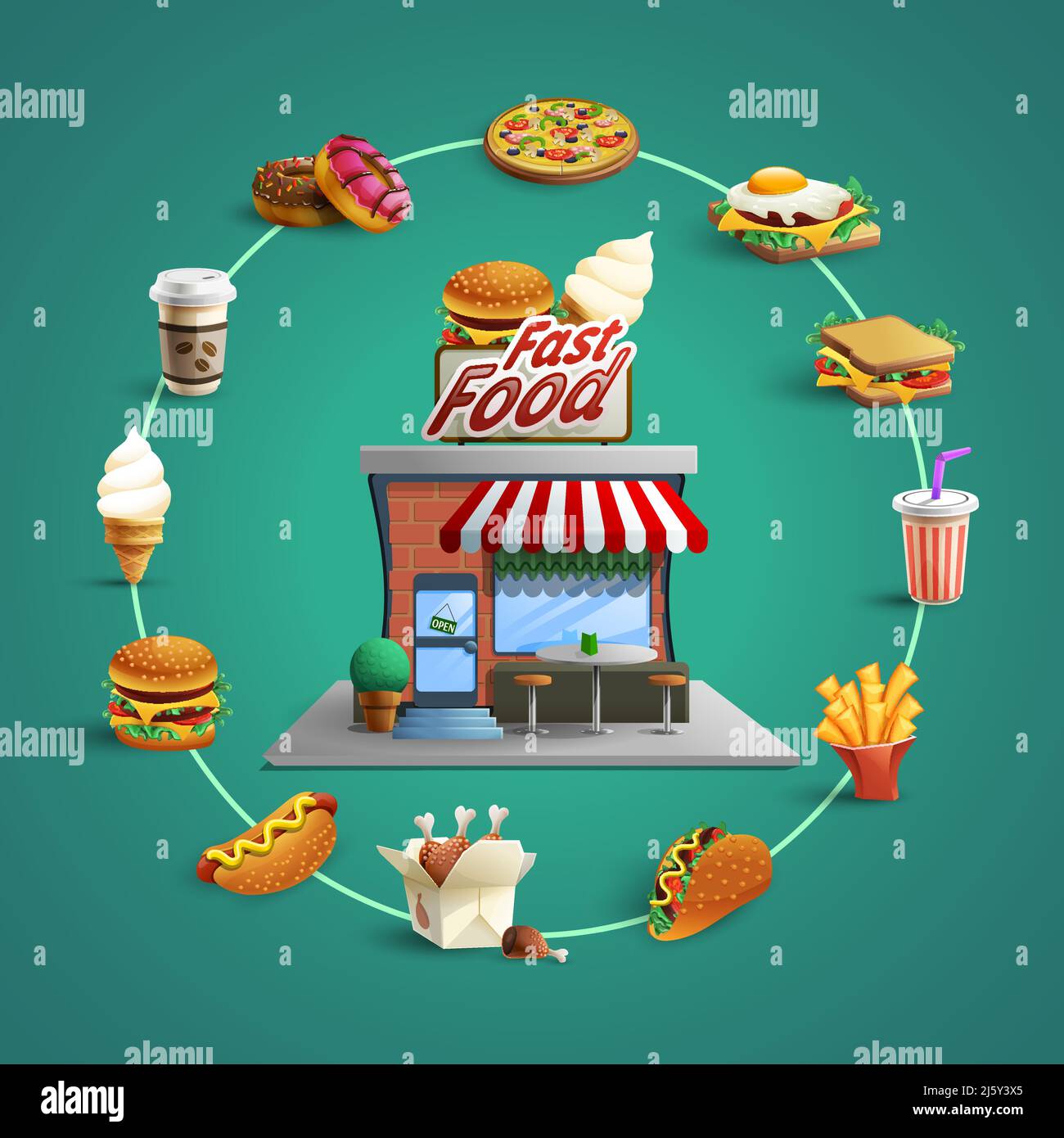 Ristorante fast food con pittogrammi circolari piatti di frittura francese hamburger e hotdog sfondo poster astratto vettore illustrazione Illustrazione Vettoriale
