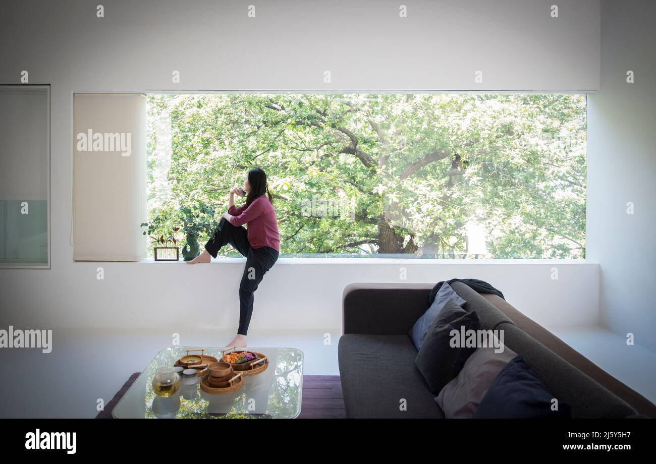 Donna giovane pensierosa seduta alla finestra con vista di albero verde Foto Stock