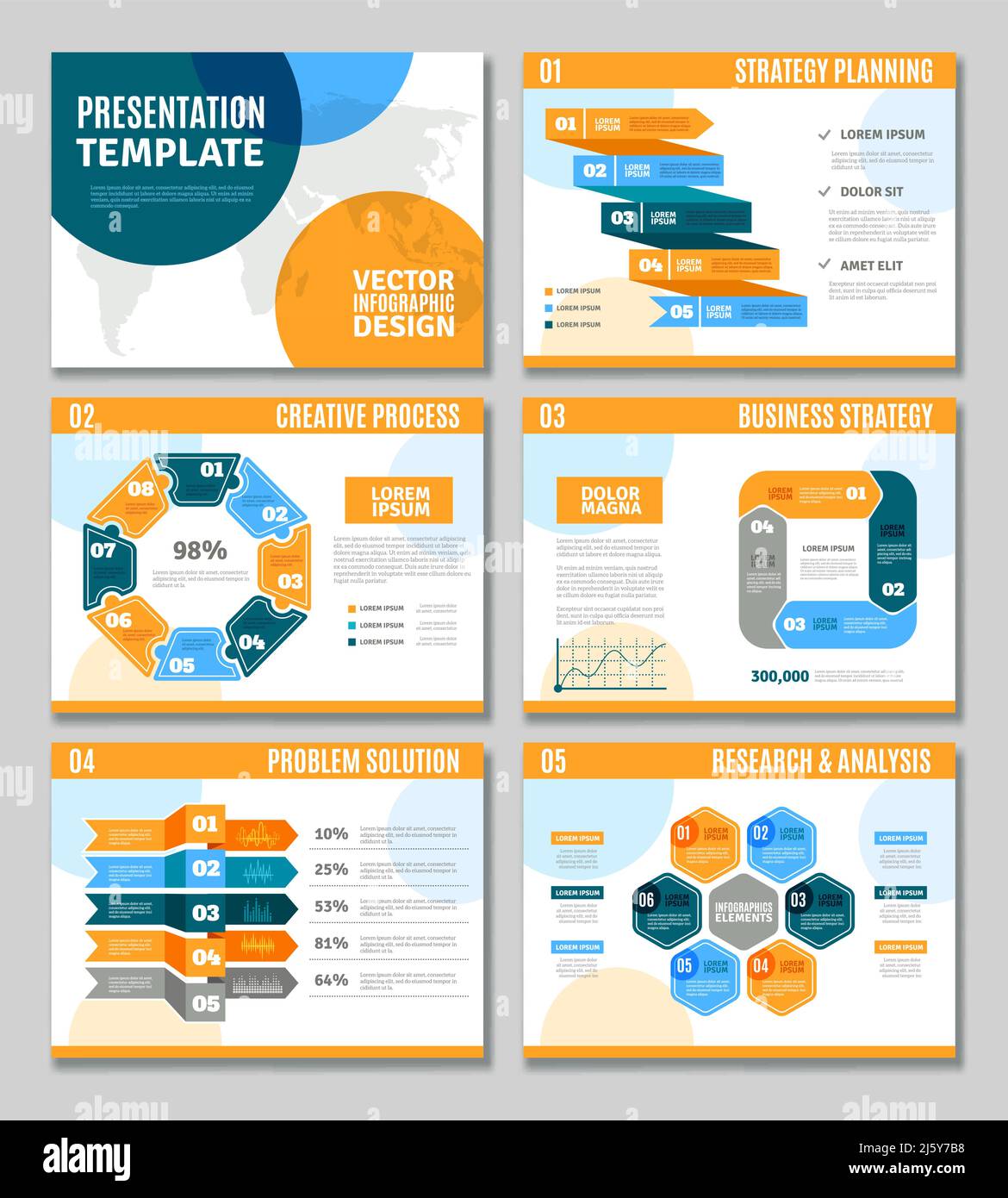 Set di presentazione di modelli infografici con processo creativo di strategia aziendale e. simboli della soluzione del problema illustrazione vettoriale isolata piatta Illustrazione Vettoriale
