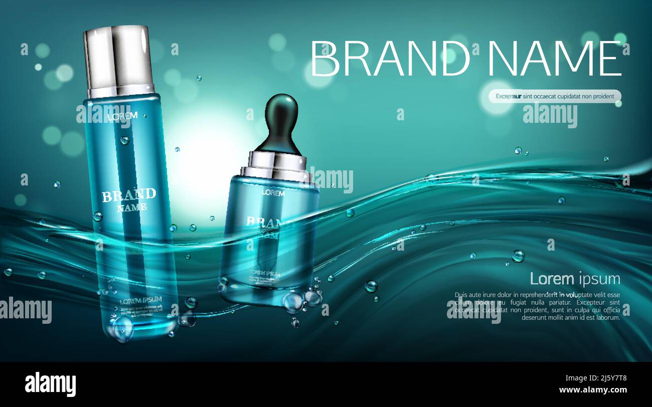 Le bottiglie cosmetiche simulano il banner. Confezione di lozione per prodotti di bellezza e tubo per olio con pipetta galleggiante su fondo di superficie dell'acqua. Pelle cosmetica mockup c Illustrazione Vettoriale