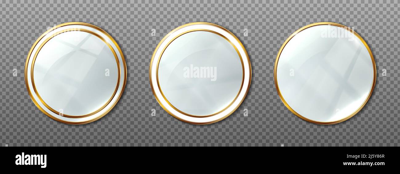 3d set di icone vettoriali realistiche. Bellezza compongono specchi rotondi con cornici dorate in diverse forme. Illustrazione Vettoriale