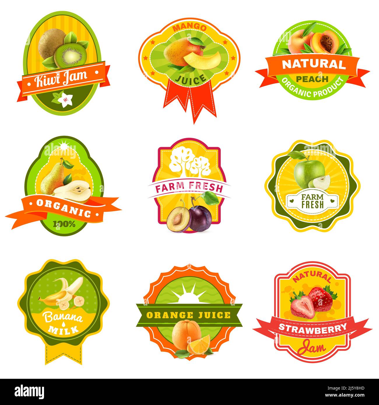 I prodotti naturali di frutta coltivati organicamente emblema la collezione di etichette per la salute illustrazione vettoriale isolata e astratta della dieta responsabile Illustrazione Vettoriale