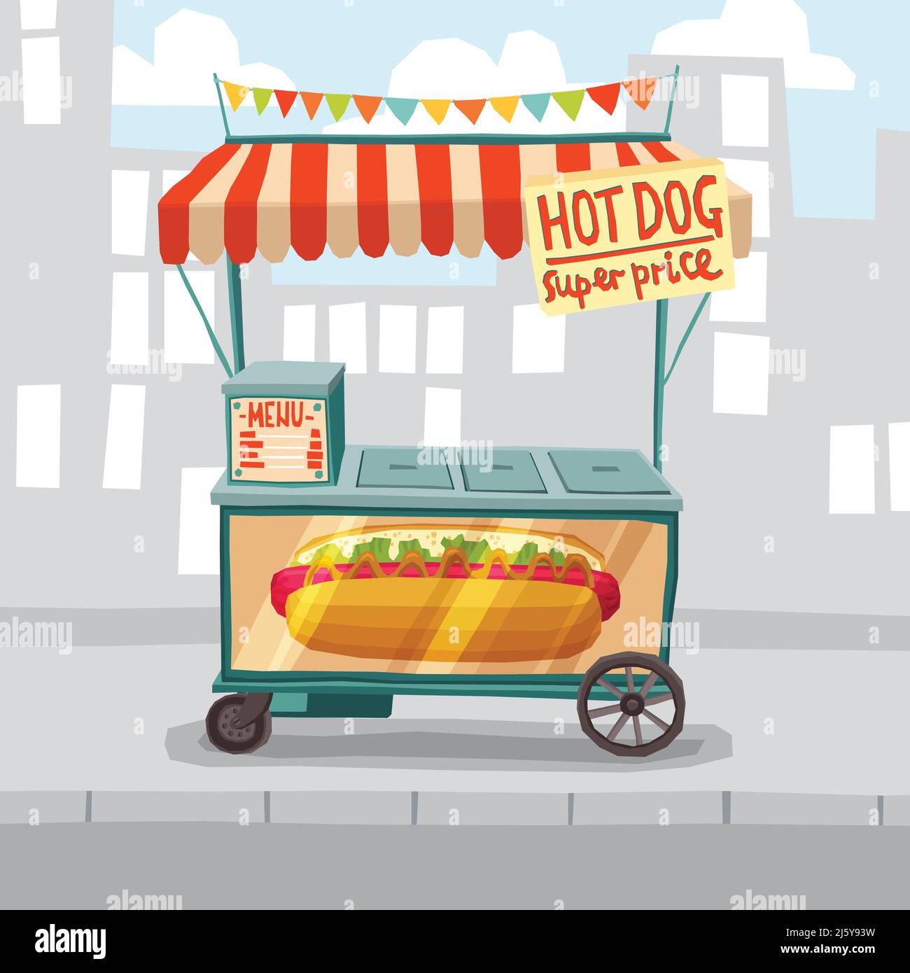 Hot dog negozio di cart sulla città strada sfondo illustrazione vettoriale Illustrazione Vettoriale