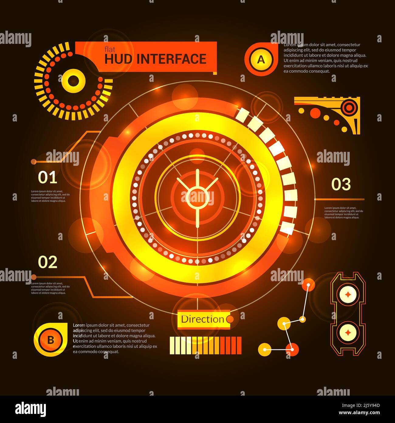 Arancione modello interfaccia hud gioco virtuale su vettore sfondo scuro illustrazione Illustrazione Vettoriale
