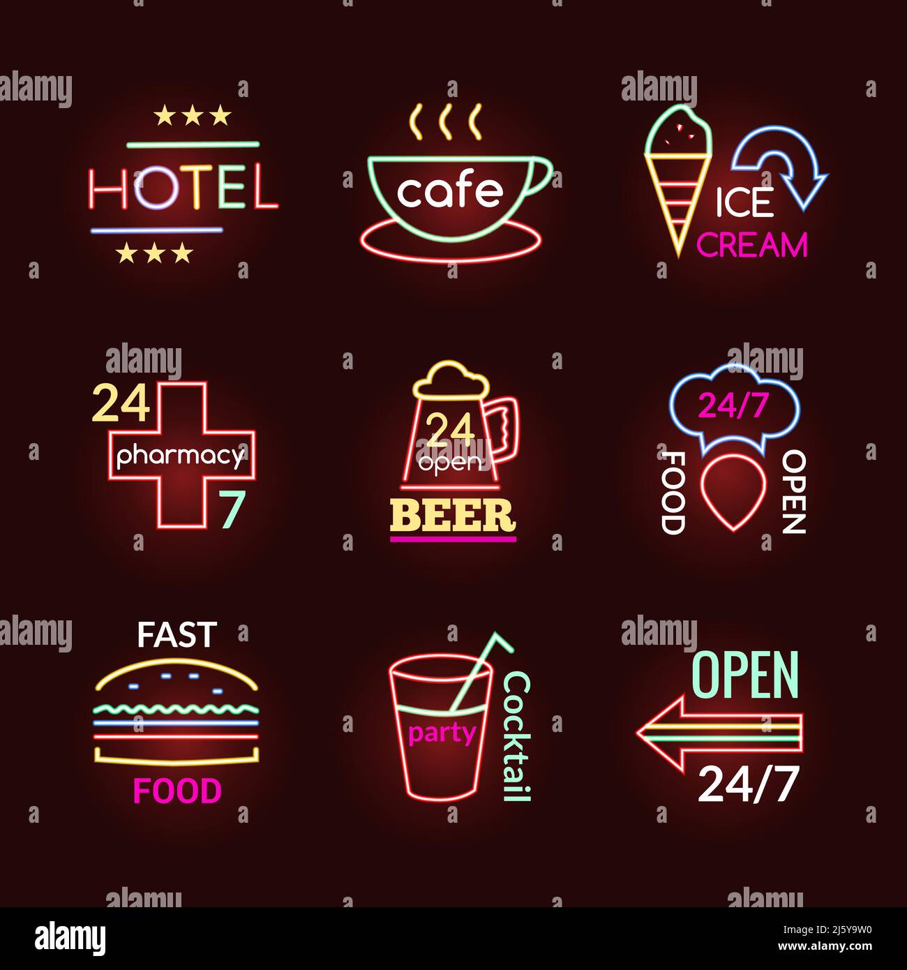 Al neon segni di birreria hotel e farmacia set isolato illustrazione vettoriale Illustrazione Vettoriale