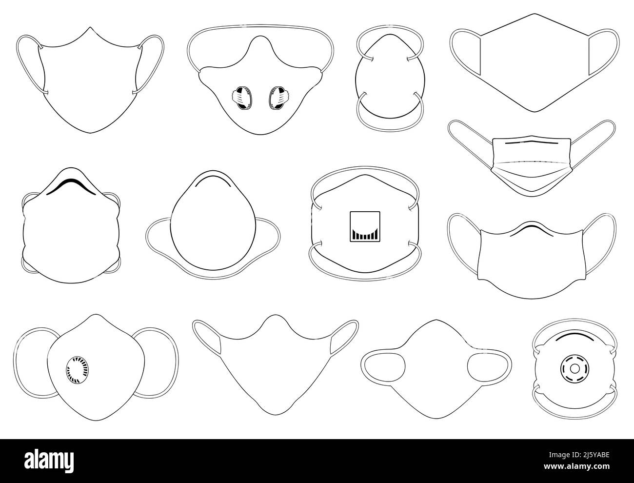 Illustrazione di diverse maschere facciali isolate su bianco Foto Stock