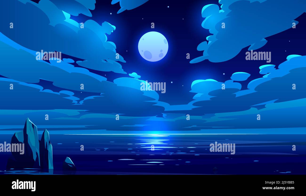 Luna piena notte oceano o paesaggio di mare. Cielo stellato con nuvole e riflesso chiaro di luna in acqua scura superficie, fantasia romantica scena naturale backgrou Illustrazione Vettoriale
