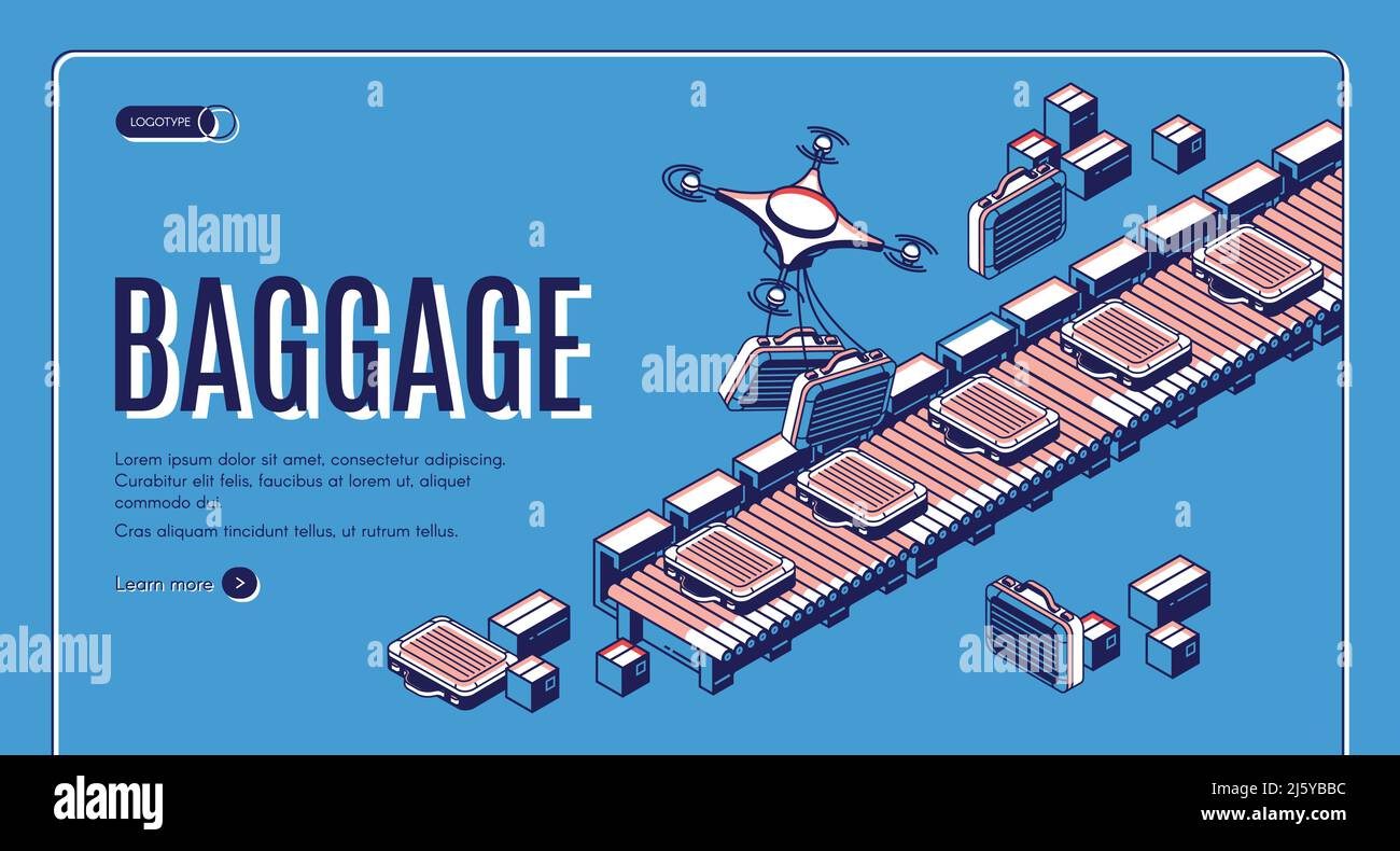 Bagaglio nella pagina di atterraggio isometrica del trasportatore aeroportuale. Droni che caricano i bagagli sulla cintura per il reclamo dei passeggeri. Borse da viaggio in consegna con quadrocotteri in Illustrazione Vettoriale