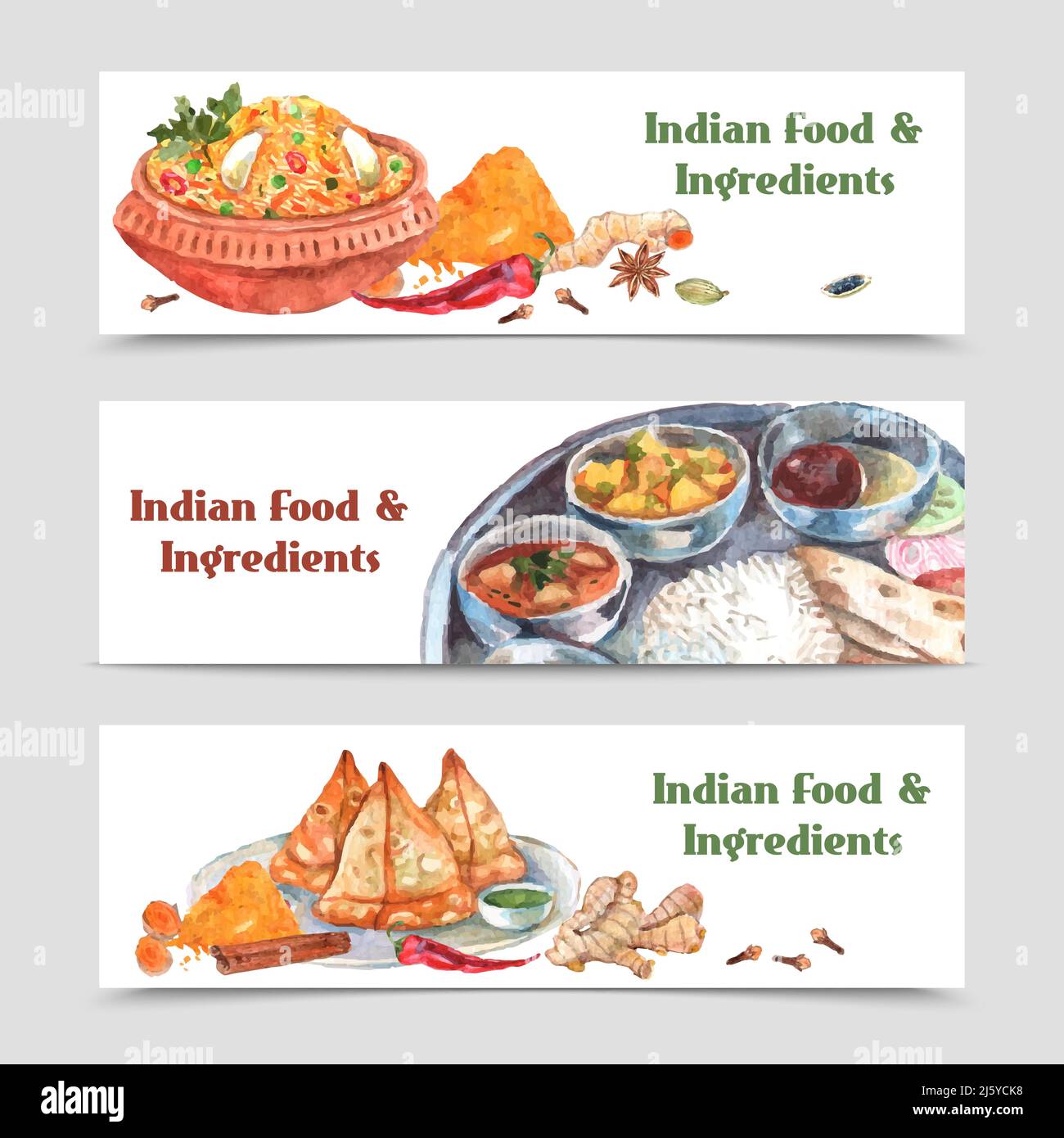 Striscioni orizzontali acquerelli di cibo indiano insieme con spezie riso e. ingredienti illustrazione vettoriale isolata Illustrazione Vettoriale