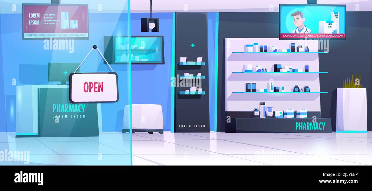 Farmacia interna, farmacia con prodotti medici su scaffali. Cartoni animati vettoriali illustrazione di vuoto moderno negozio farmaceutico con contatore, digitale d Illustrazione Vettoriale