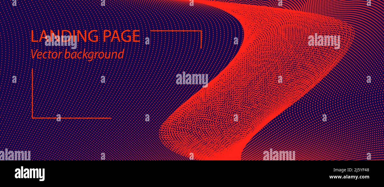 Motivo a forma d'onda rosso chiaro, sfondo blu scuro. Modello di landing page astratto. Linee curve punteggiate. Concetto di alta tecnologia. Disegno vettoriale. EPS10 Illustrazione Vettoriale