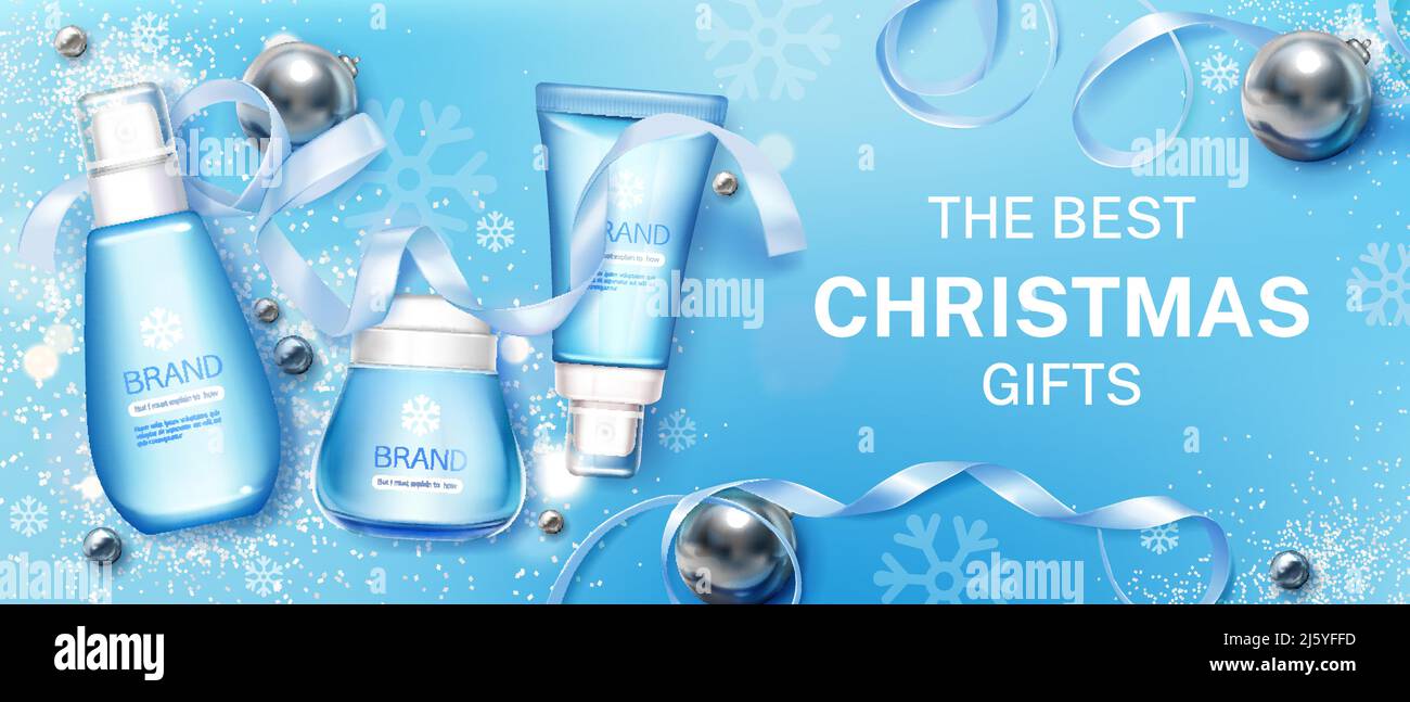 Inverno cosmetici regali di natale tubi mock up banner. Bottiglie cosmetiche su sfondo blu con decorazioni festive e fiocchi di neve, gel prodotti di bellezza Illustrazione Vettoriale