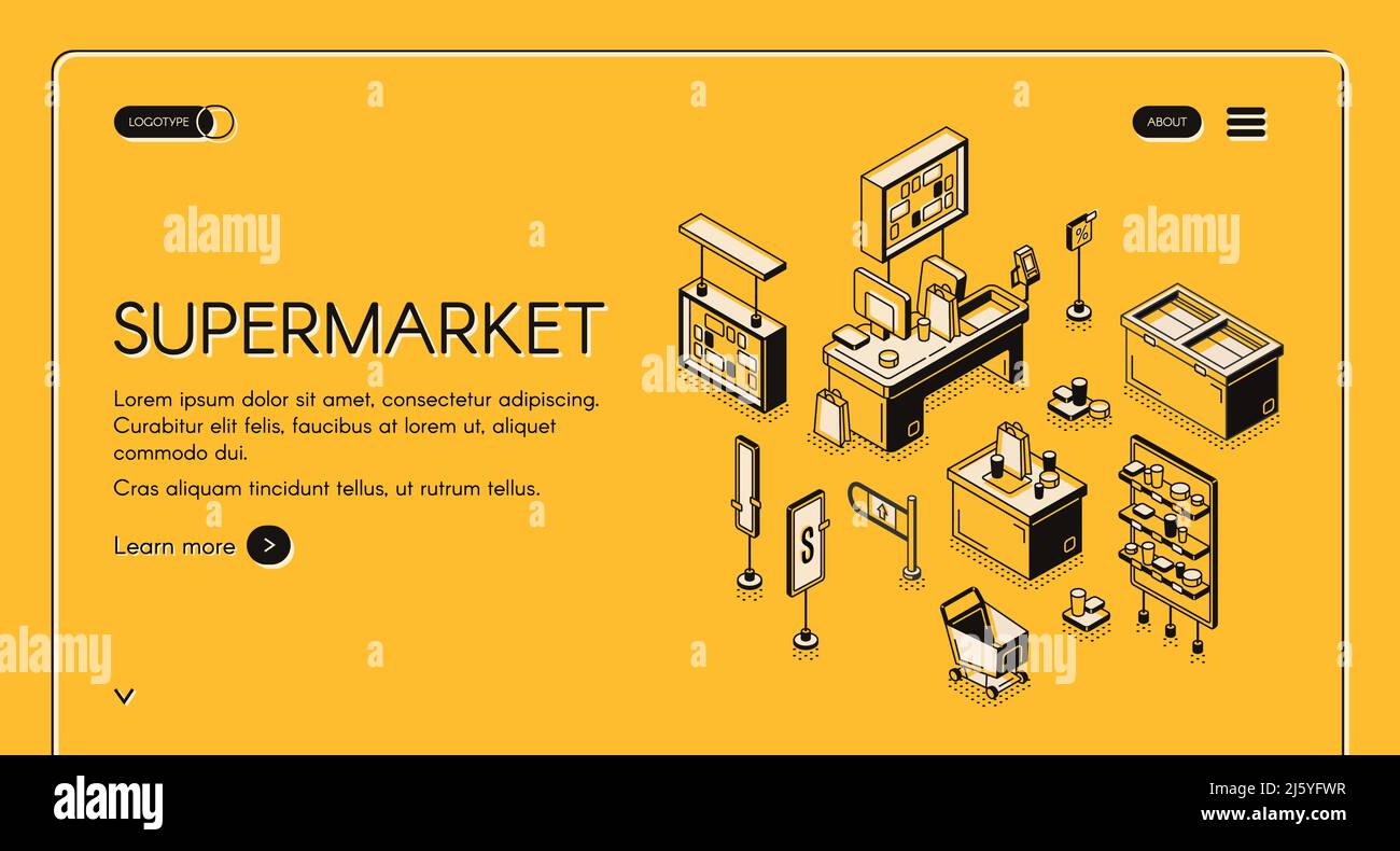 Pagina di destinazione isometrica del supermercato. Interno magazzino vuoto con produzione su scaffali, banco cassiere, carrelli e borse per l'acquisto, ingresso Illustrazione Vettoriale