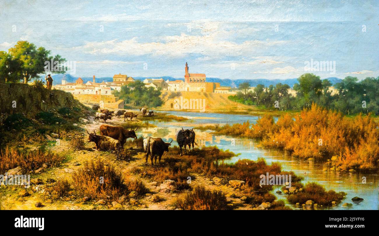 Orillas del Guadalquivir (Banche di Guadalquivir) (1876-77) di Rafael Romero Barros (1832-1895) olio su tela Foto Stock
