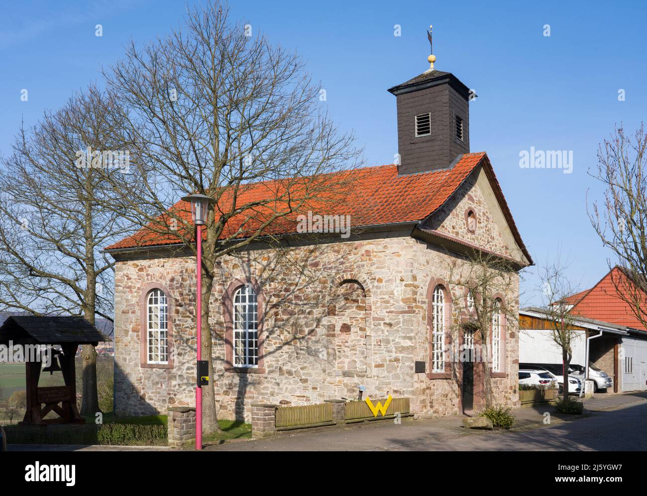 Waldensian edificio chiesa, 18 ° secolo, villaggio di Gewissensenruh, Wesertal, Weserbergland, Assia, Germania Foto Stock