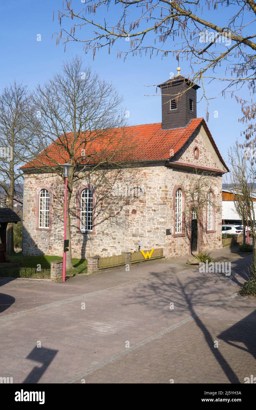 Waldensian edificio chiesa, 18 ° secolo, villaggio di Gewissensenruh, Wesertal, Weserbergland, Assia, Germania Foto Stock