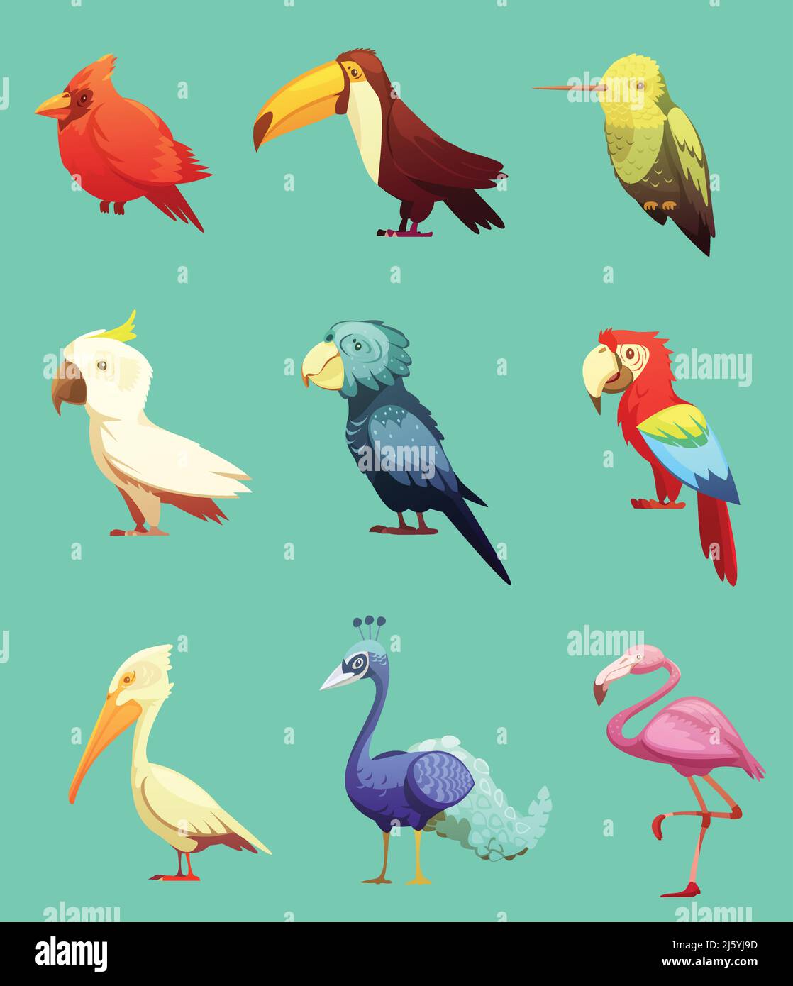 Esotico paradiso tropicale isola uccelli retro cartoon stile collezione di icone con toucan e cockatoo pappagallo isolare illustrazione vettoriale Illustrazione Vettoriale