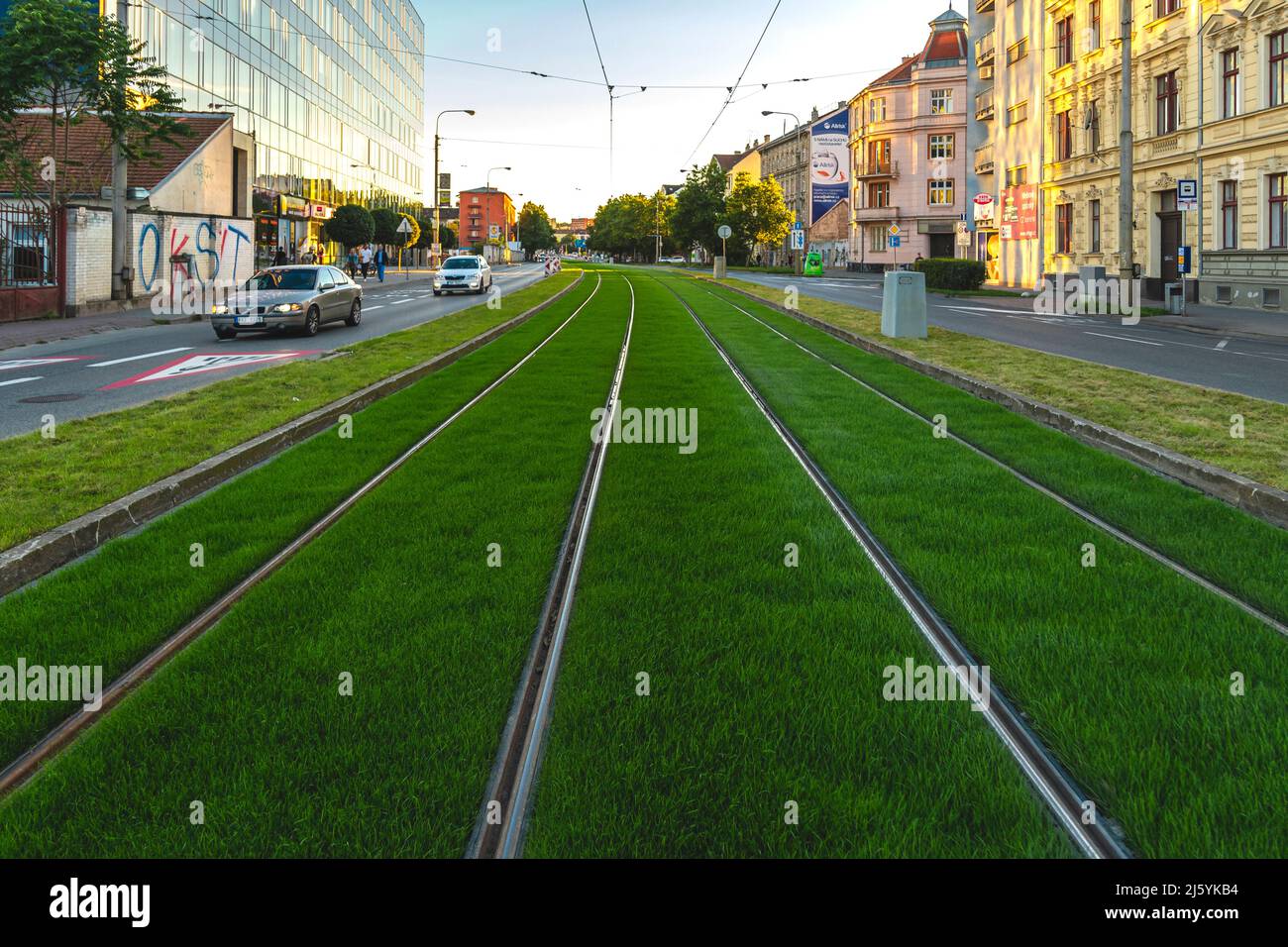 BRNO, Repubblica Ceca - Settembre, 5. 2020:traccia verde. Percorso tranviario coperto da erba. Verde in città. La zona abitabile riduce il calore urbano. Isola Foto Stock