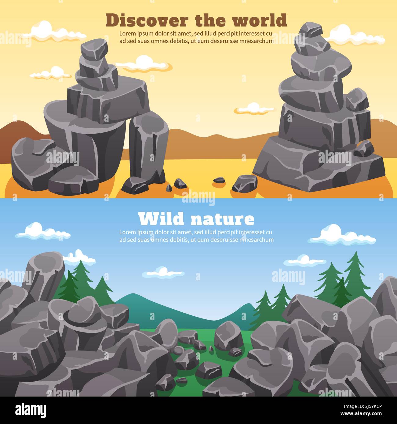 Rocce e pietre bandiere orizzontali con colorato cartone animato natura selvaggia paesaggi piatta illustrazione vettoriale Illustrazione Vettoriale