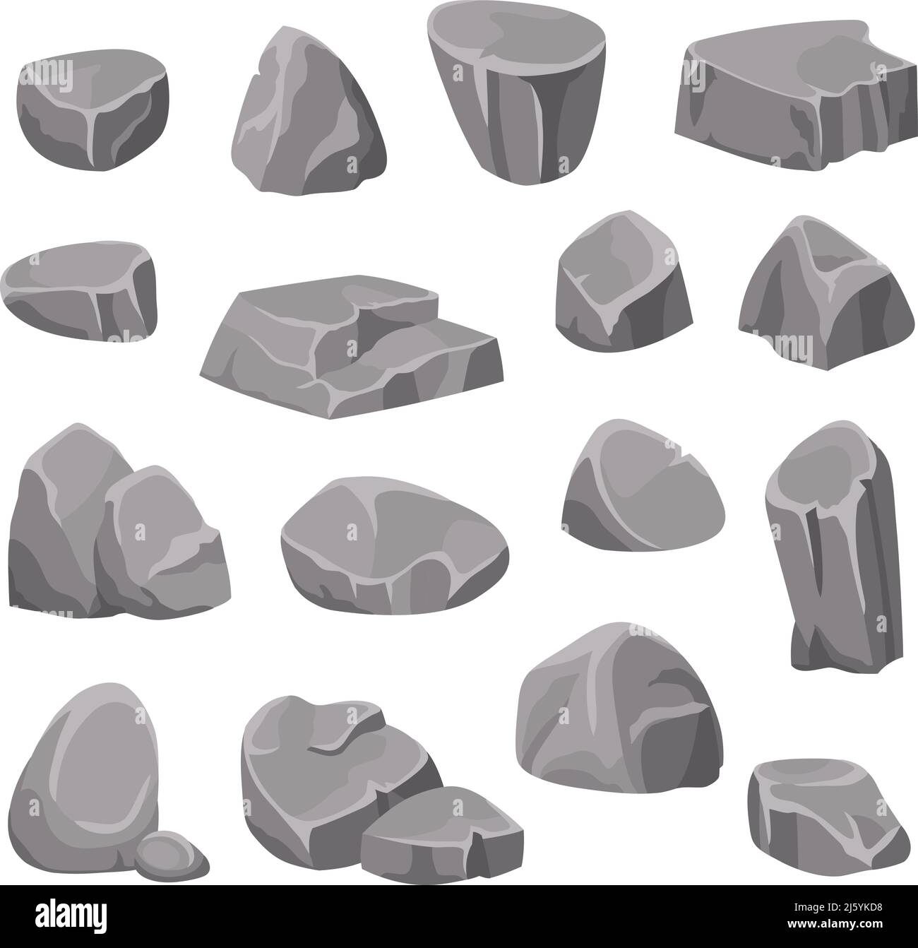 Rocce e pietre elementi isolati piatti forme e sfumature diverse di grigio su sfondo bianco illustrazione vettoriale isometrica Illustrazione Vettoriale