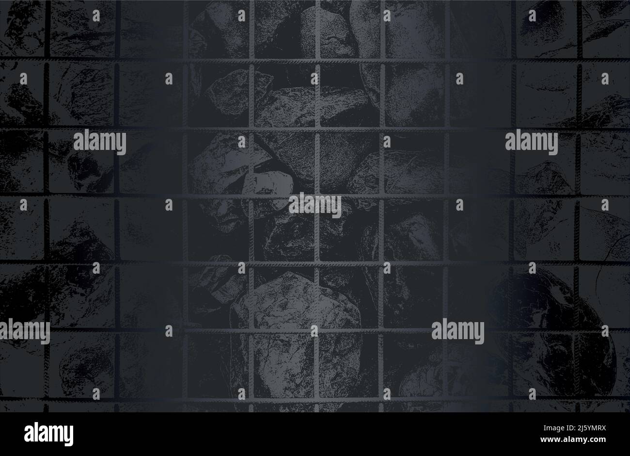 Lussuoso sfondo in metallo nero con pietre in difficoltà all'interno della rete metallica, rocce, ciottoli, texture macadam. Illustrazione vettoriale Illustrazione Vettoriale