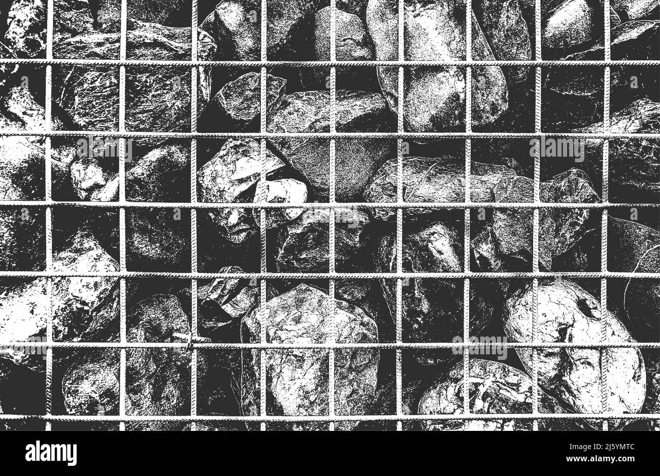 Stressata trama di pietre, rocce, ciottoli, macadam all'interno della maglia metallica, rete. Sfondo grunge. Illustrazione vettoriale astratta mezzitoni Illustrazione Vettoriale