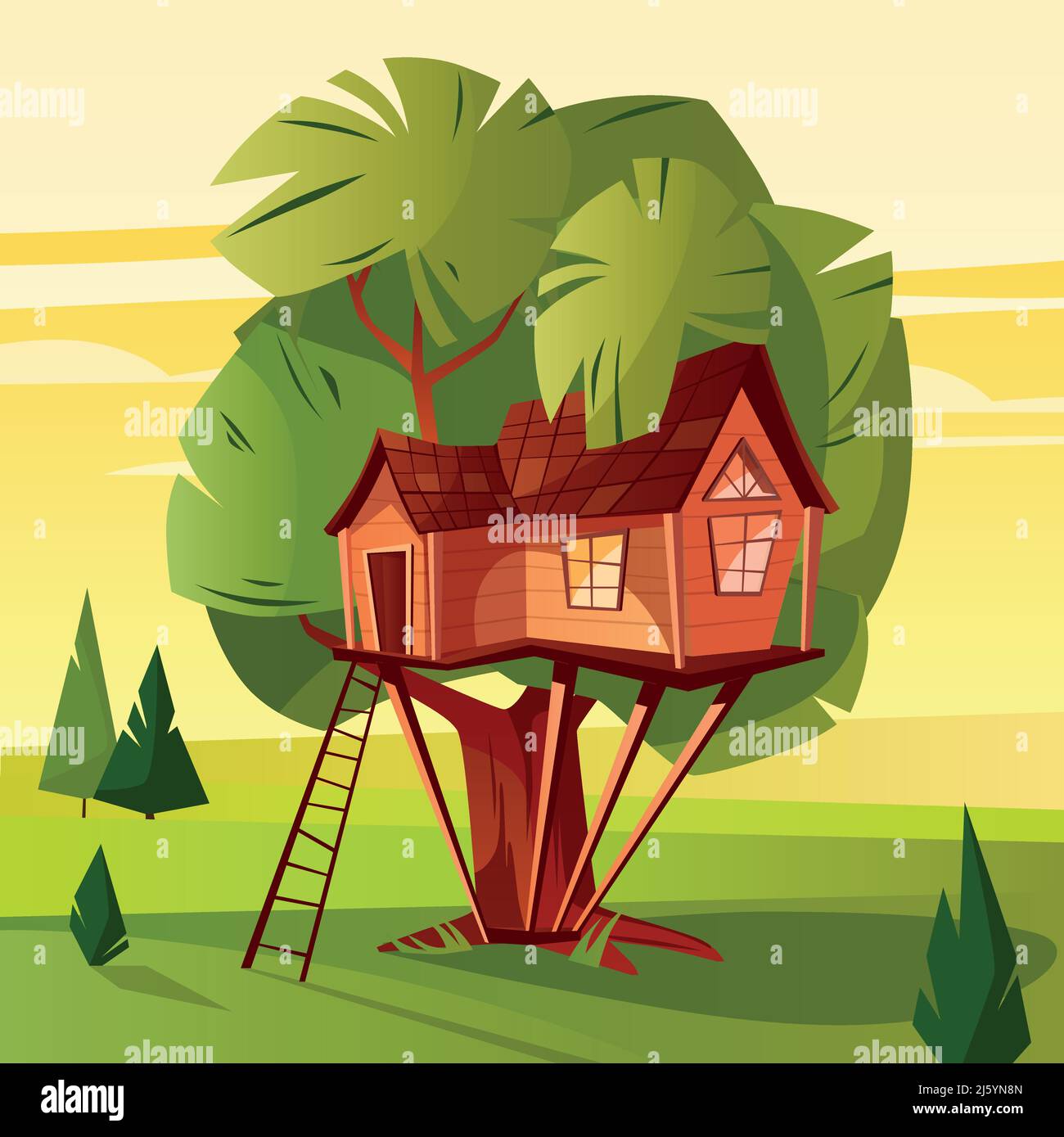 Albero casa vettore illustrazione di capanna di legno con scala e finestre in foresta. Cabina di bosco Cartoon o di ghiaia per i bambini estate Treehouse o natura bu Illustrazione Vettoriale
