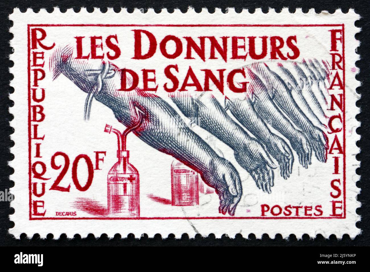 FRANCIA - CIRCA 1959: Un francobollo stampato in Francia mostra donatori di sangue, circa 1959 Foto Stock