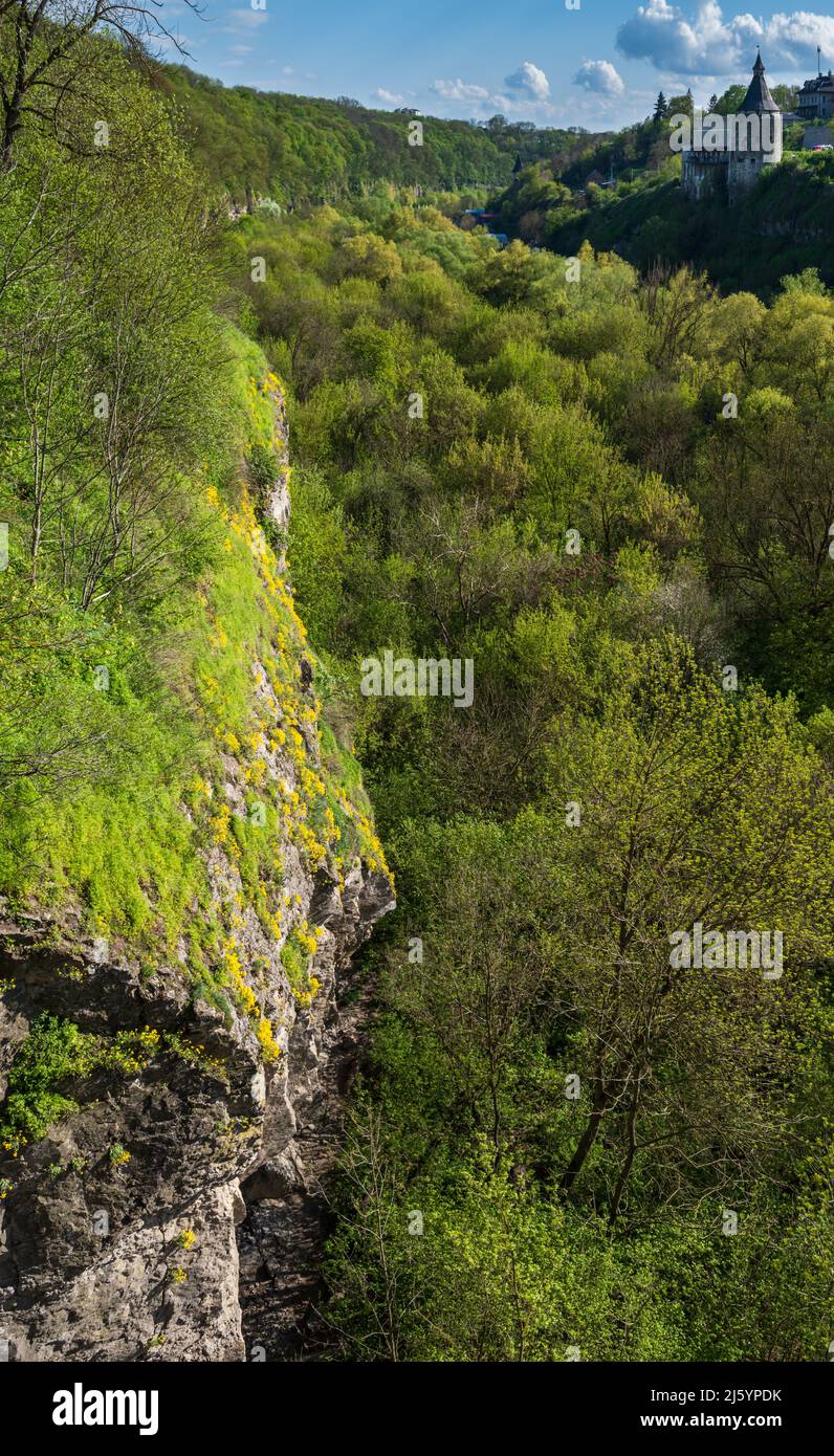 Vista dal ponte Novoplanivskiy al canyon del fiume Smotrych, Kamianets-Podilskyi, una delle città più popolari per viaggiare in Ucraina. Foto Stock