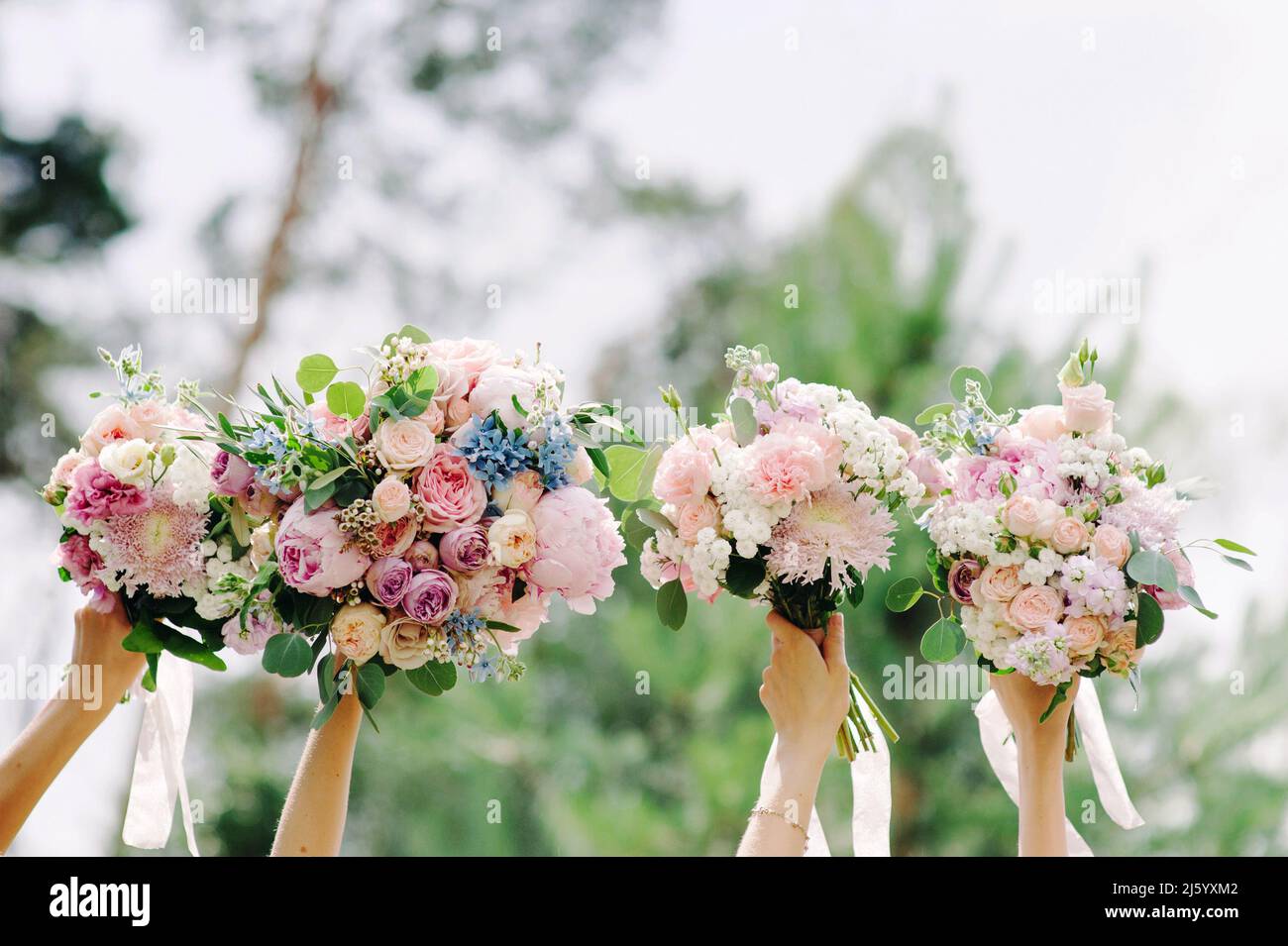 Bridesmaids che tiene moderni bouquet di nozze all'aperto nella pineta. Bouquet da sposa con rose rosa, ranuncolo bianco, fiori viola di peonie. Ha Foto Stock