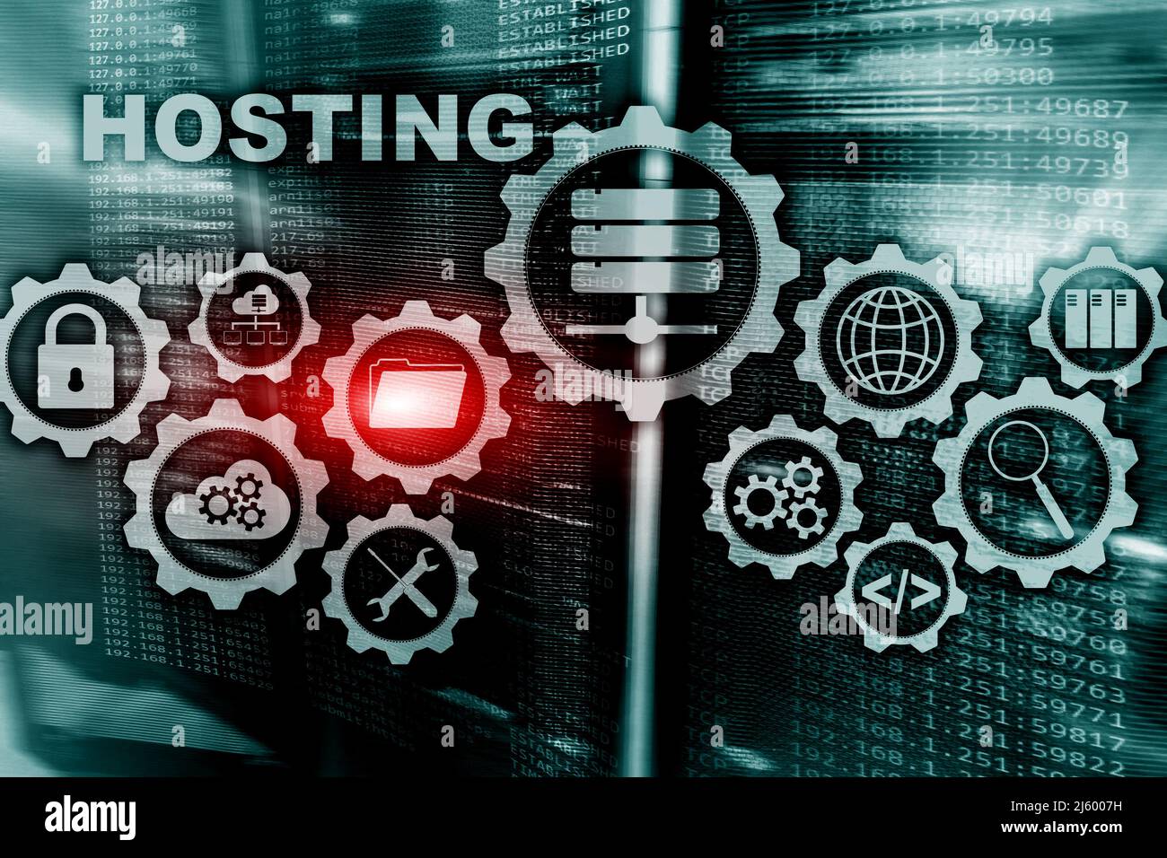 Web Hosting tecnologia Internet e il concetto di rete. Sulla sala server sfondo. Virtual schermo. Foto Stock