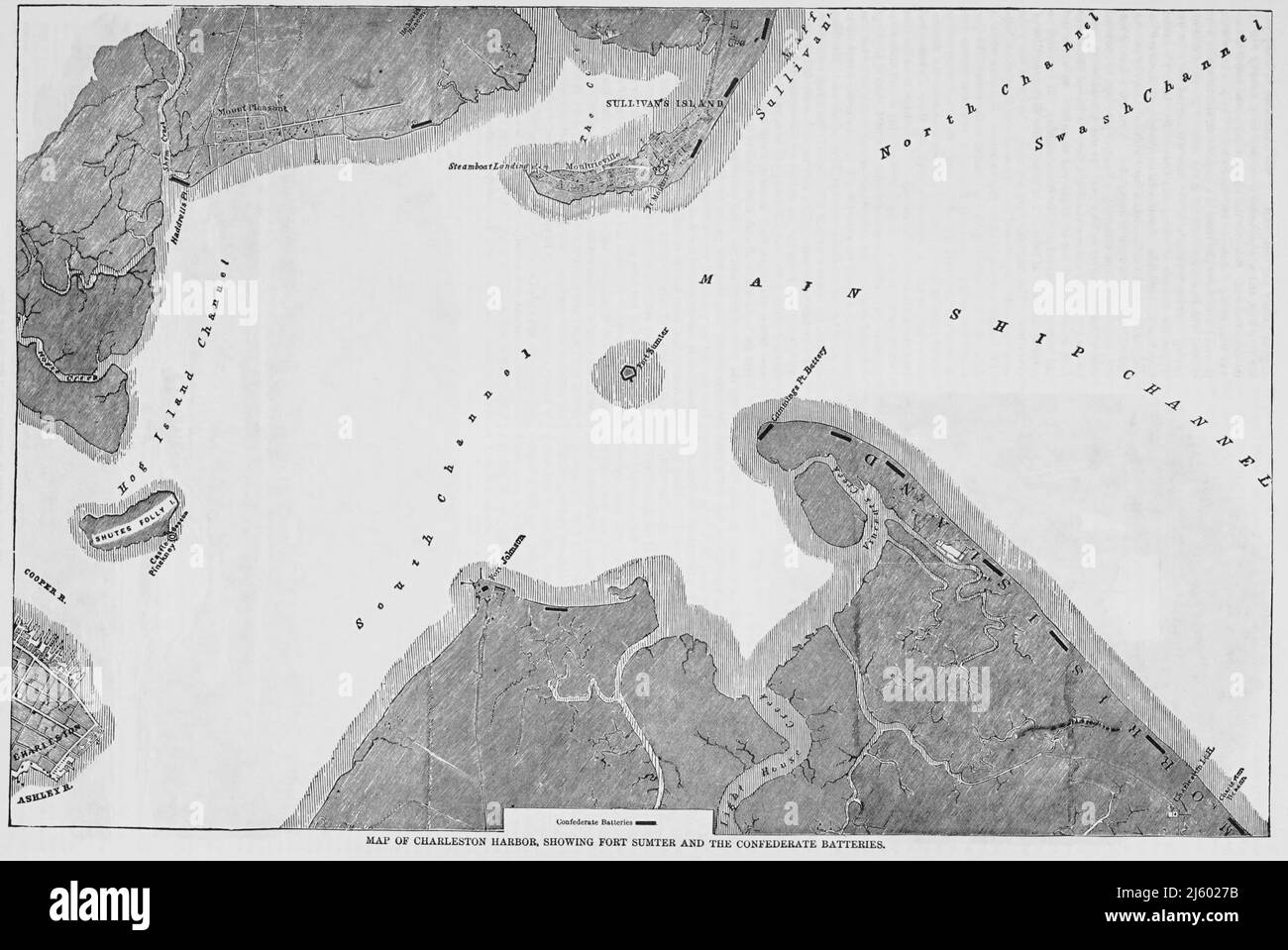 Mappa del porto di Charleston, che mostra Fort Sumter e le batterie confederate nella guerra civile americana. illustrazione del 19th secolo Foto Stock