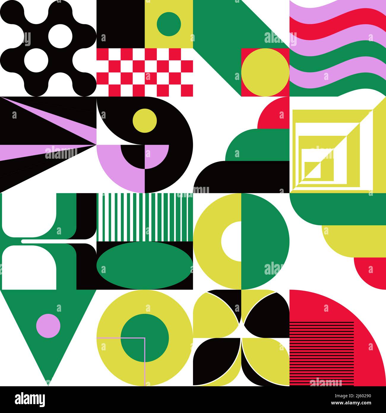 Grafica vettoriale neo-Geo ispirata al design estetico astratto modernista. Collage moderno geometrico per poster, copertina, arte, presentazione Illustrazione Vettoriale