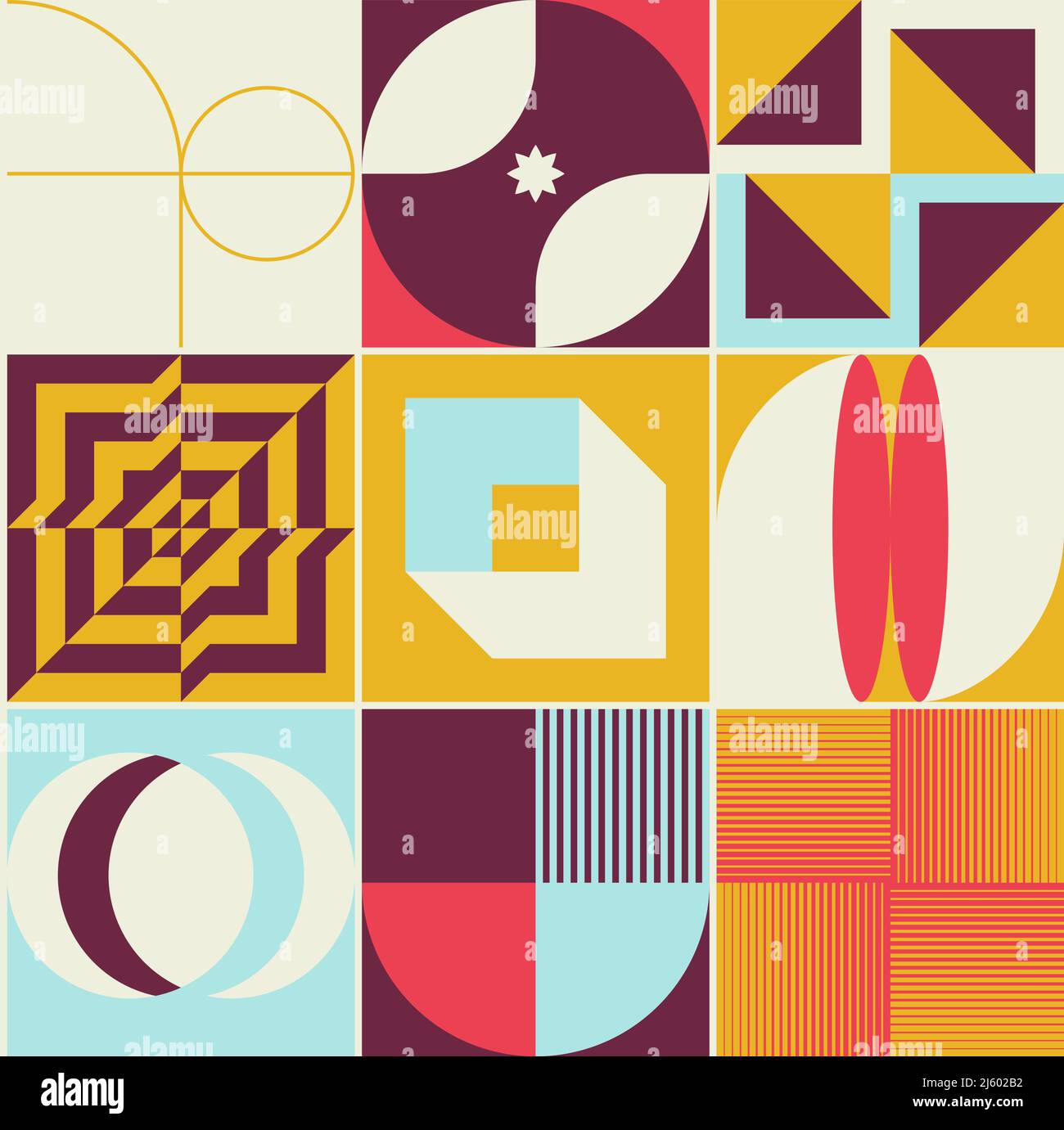 Retro Future Art ha ispirato disegni vettoriali realizzati con forme geometriche astratte e forme audaci. Design grafico digitale per poster, copertina, arte, p Illustrazione Vettoriale