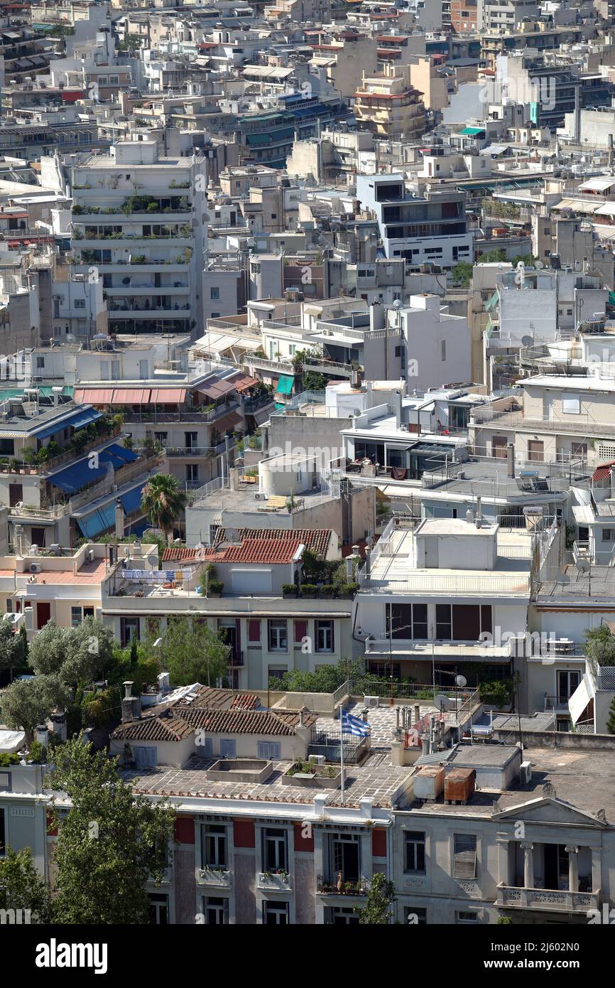 Vista sulla città di Atene dall'Acropoli in Grecia. Atene è una delle città più antiche del mondo. Foto Stock