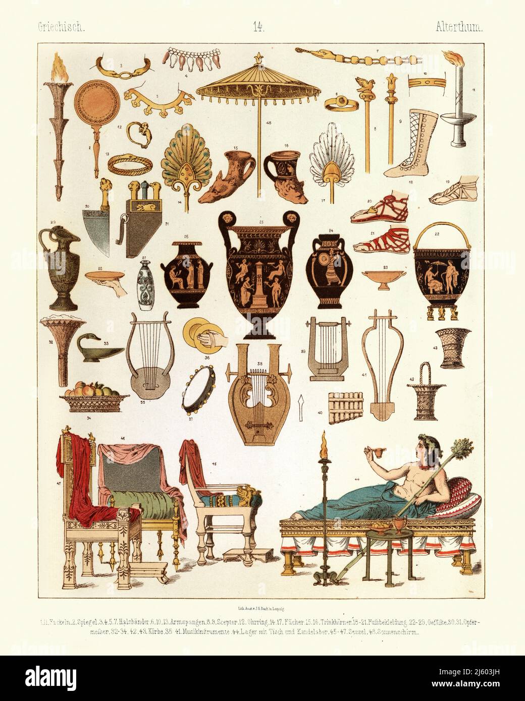 Oggetti e manufatti dell'antica Grecia, vaso greco, mobili, lire, strumenti musicali, Thrones Foto Stock