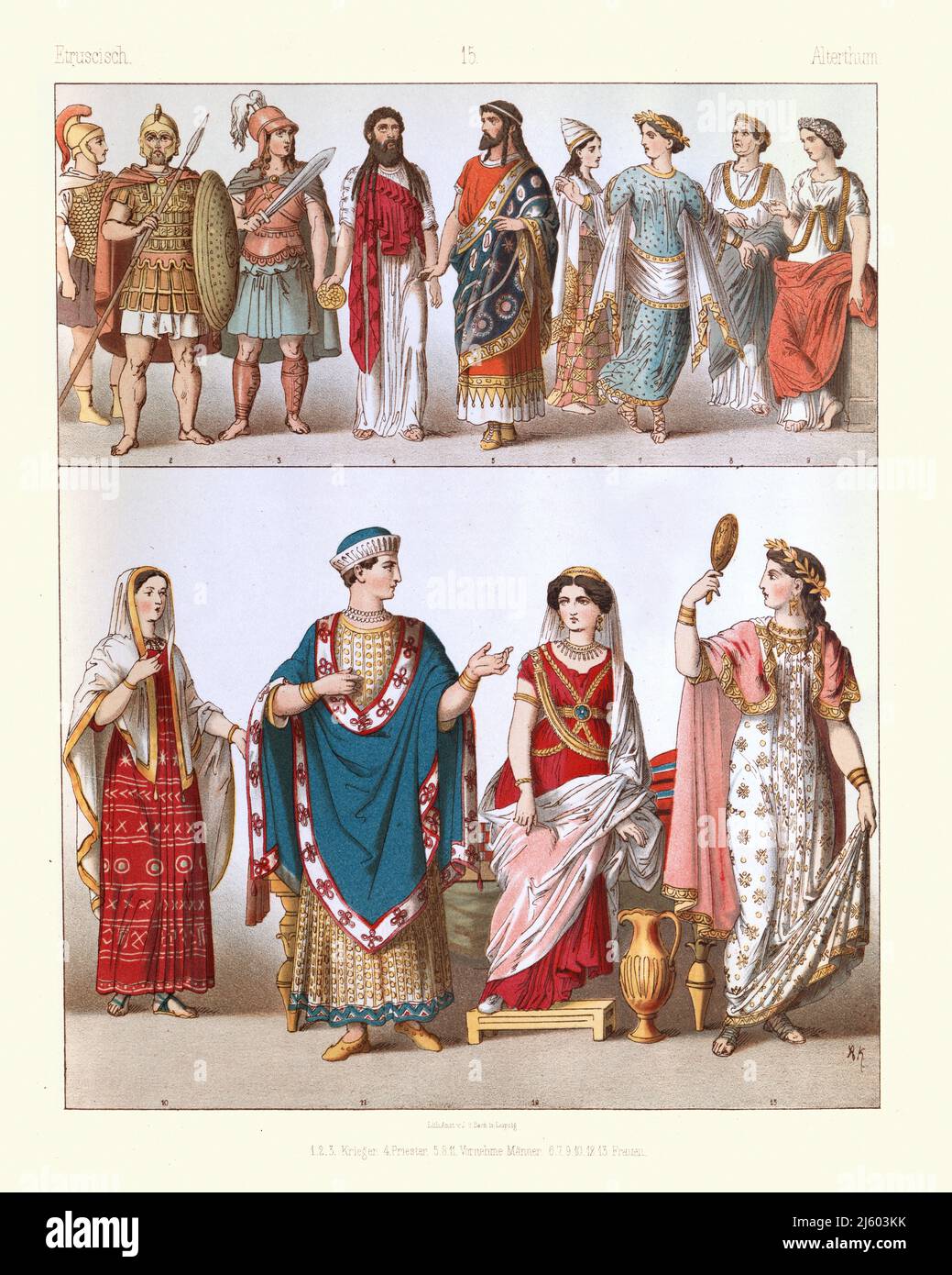 Costumi e moda etruschi, storia antica, antichità, guerriero, soldato, Sacerdote, Nobile uomo e donna Foto Stock