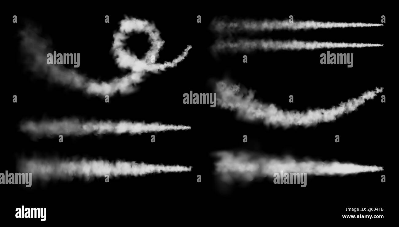 Percorsi realistici di condensazione in aereo. Lancio del razzo spaziale. Missile o bullet trail. Piste per aerei a reazione. Nuvole di fumo bianche, nebbia. Flusso di vapore. Vettore Illustrazione Vettoriale