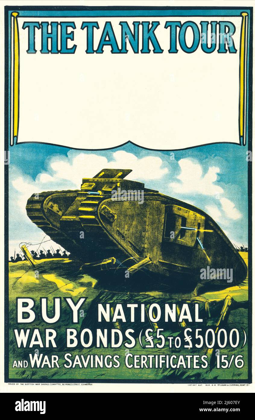 Un manifesto pubblicitario britannico del 1918, per i titoli di guerra per il tour carro armato con un carro armato, pistole che proiettano. Lo spazio vuoto è stato fornito per includere i dettagli della mostra locale. Artista sconosciuto. Foto Stock