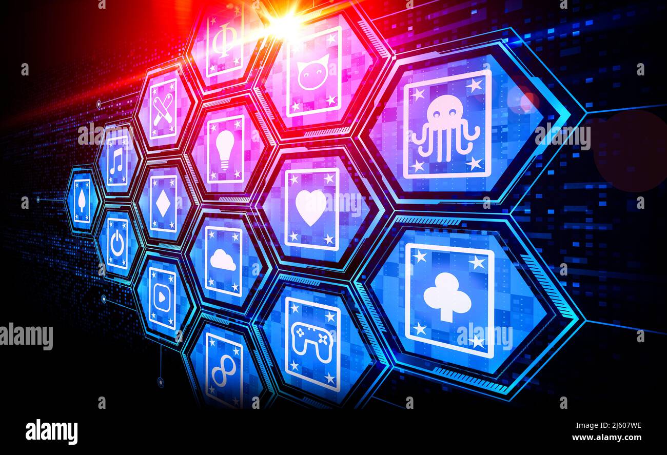 Ecosistema di Token non-fungibili su un Blockchain - raccolta di NFT su Digital Ledger - Illustrazione concettuale Foto Stock