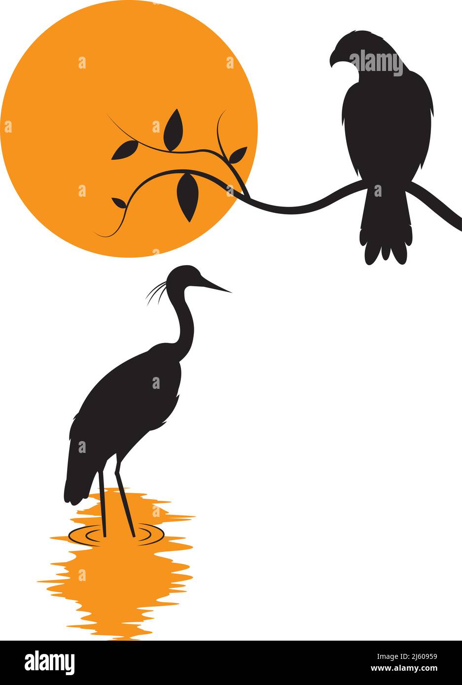 Hawk uccello su ramo e silhouette di airone al tramonto, vettore. Hawk uccello illustrazione isolato su sfondo bianco. Arte da parete, grafica, decalcomanie da parete Illustrazione Vettoriale