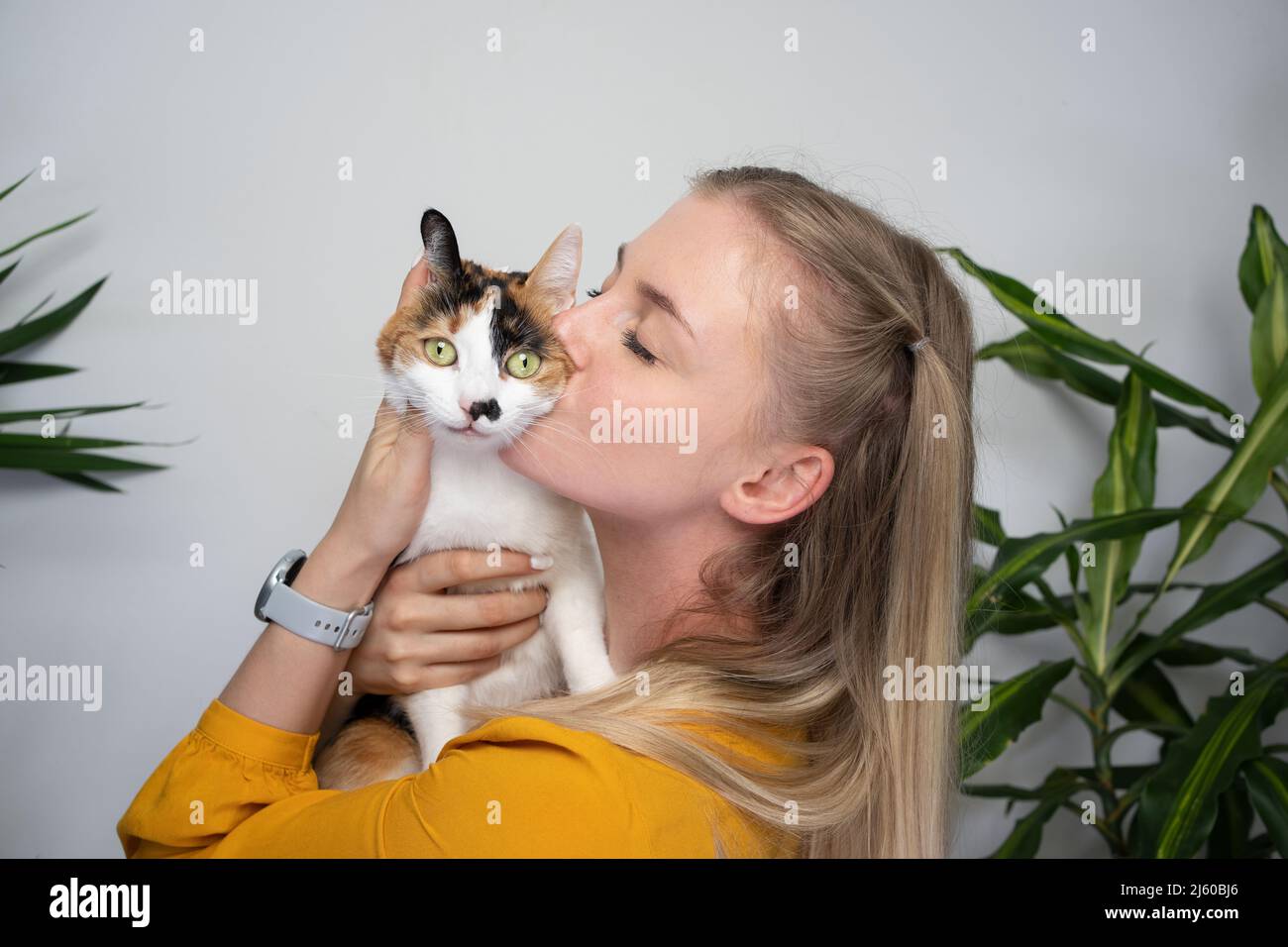 giovane donna che porta il suo gatto calico abbracciando e baciando il gattino che è dispiaciuto di esso Foto Stock